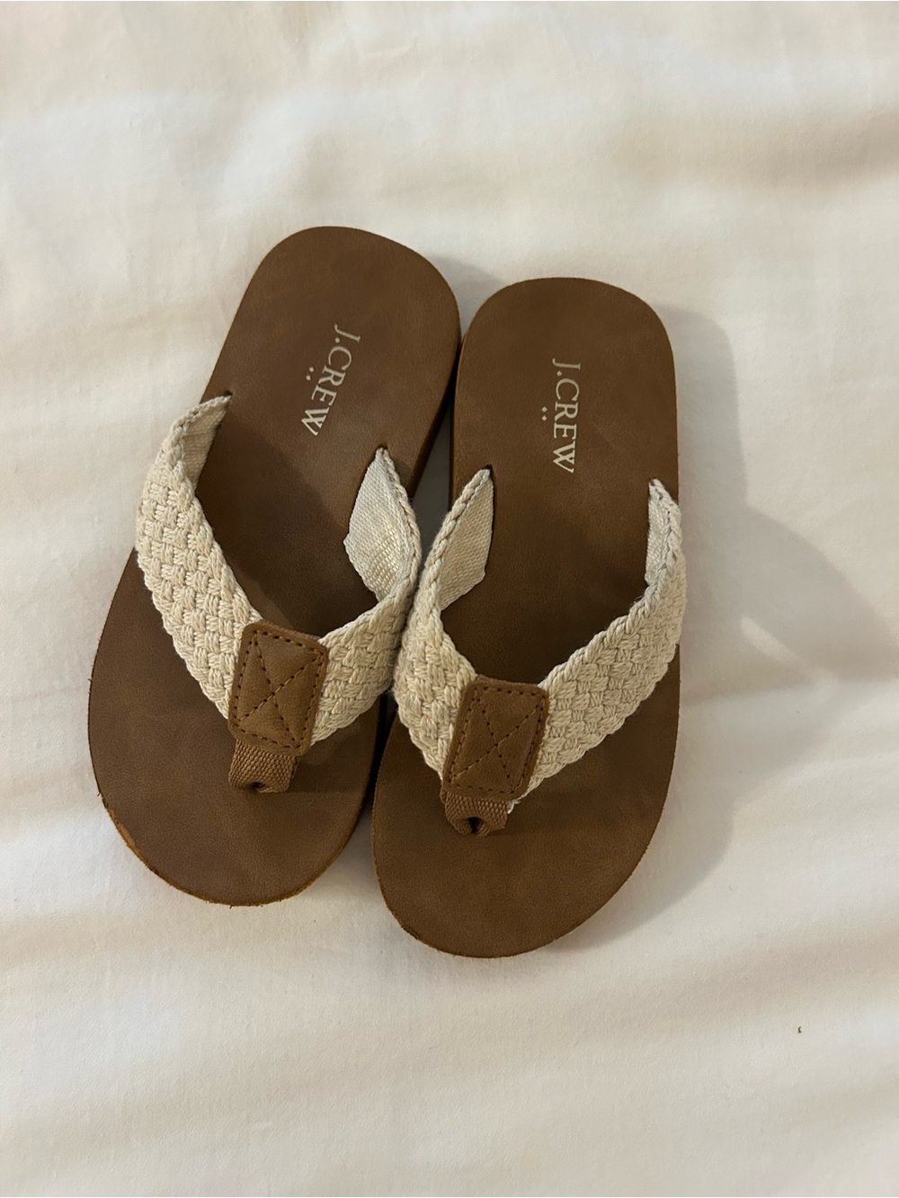 J. Crew Tan Footbed Flip Flops with Cream Braided Straps